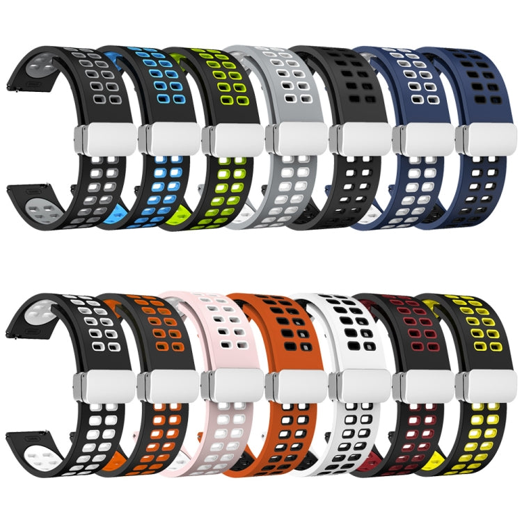 22mm Double-row Hole Folding Silver Buckle Two-color Silicone Watch Band(Black Yellow) - Smart Wear by PMC TechLife | Online Shopping South Africa | PMC TechLife