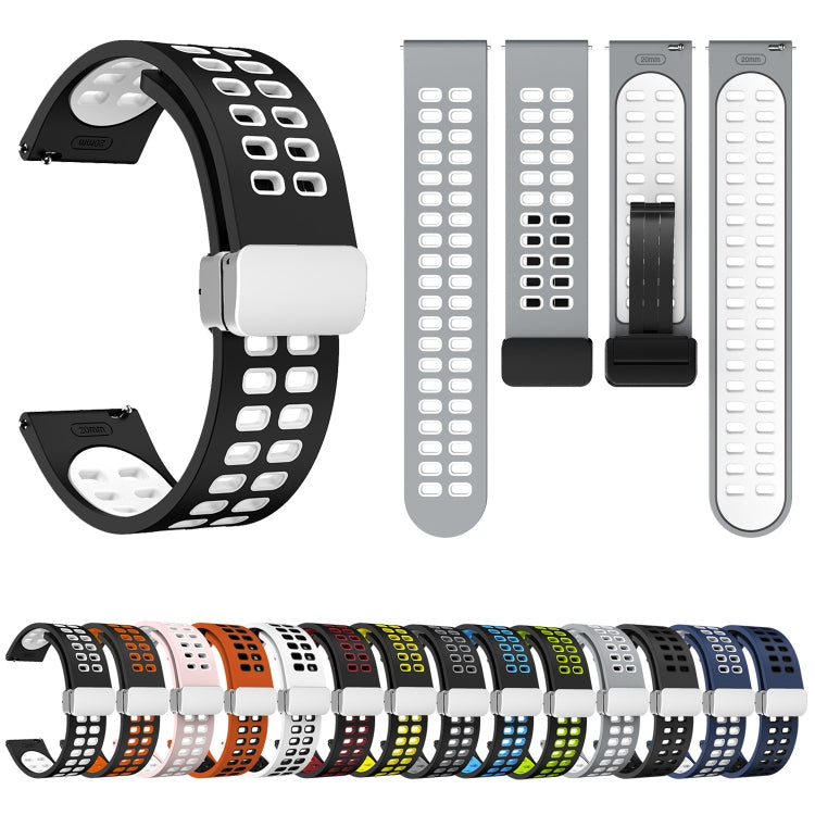 20mm Double-row Hole Folding Silver Buckle Two-color Silicone Watch Band(Black White) - Smart Wear by PMC TechLife | Online Shopping South Africa | PMC TechLife