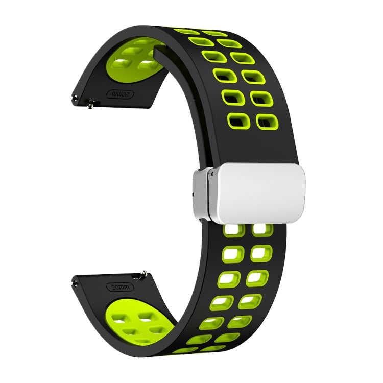 22mm Double-row Hole Folding Silver Buckle Two-color Silicone Watch Band(Black Green) - Smart Wear by PMC TechLife | Online Shopping South Africa | PMC TechLife