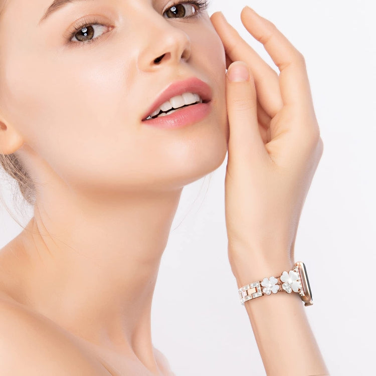 For Apple Watch SE 44mm Petal Metal Diamond Watch Band(Rose Gold+White) -  by PMC TechLife | Online Shopping South Africa | PMC TechLife