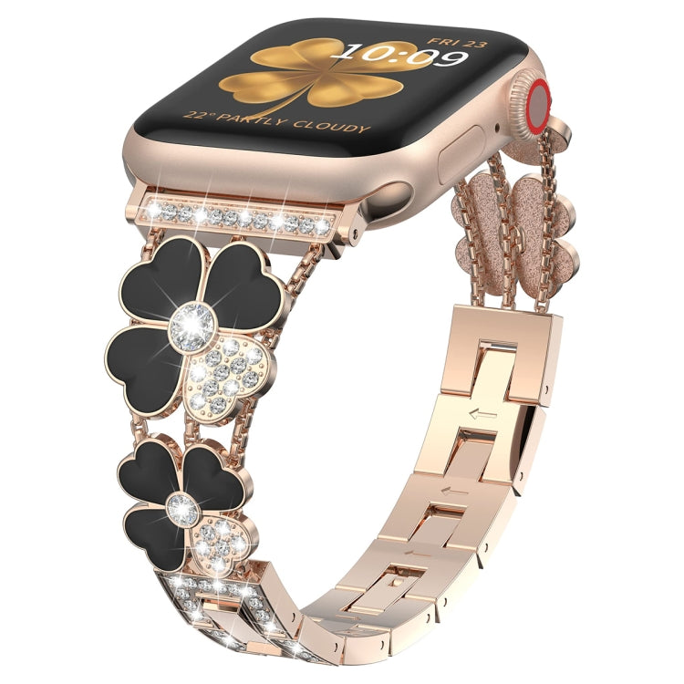 For Apple Watch 4 44mm Petal Metal Diamond Watch Band(Rose Gold+Black) - Watch Bands by PMC TechLife | Online Shopping South Africa | PMC TechLife