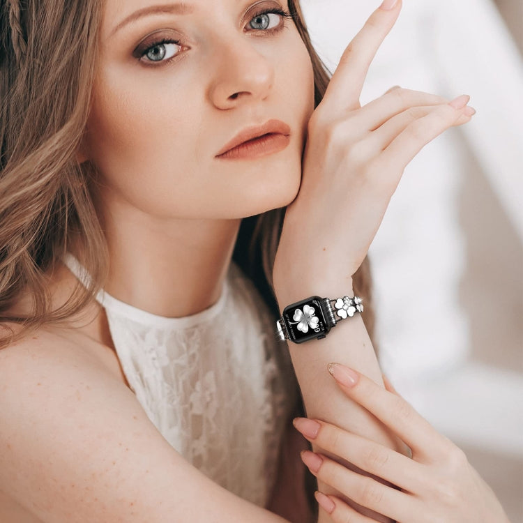 For Apple Watch 2 42 mm Petal Metal Diamond Watch Band(Black+White) -  by PMC TechLife | Online Shopping South Africa | PMC TechLife