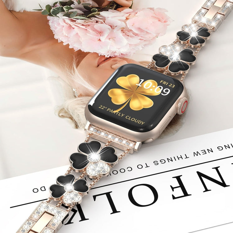 For Apple Watch 42mm Petal Metal Diamond Watch Band(Rose Gold+Black) - Watch Bands by PMC TechLife | Online Shopping South Africa | PMC TechLife