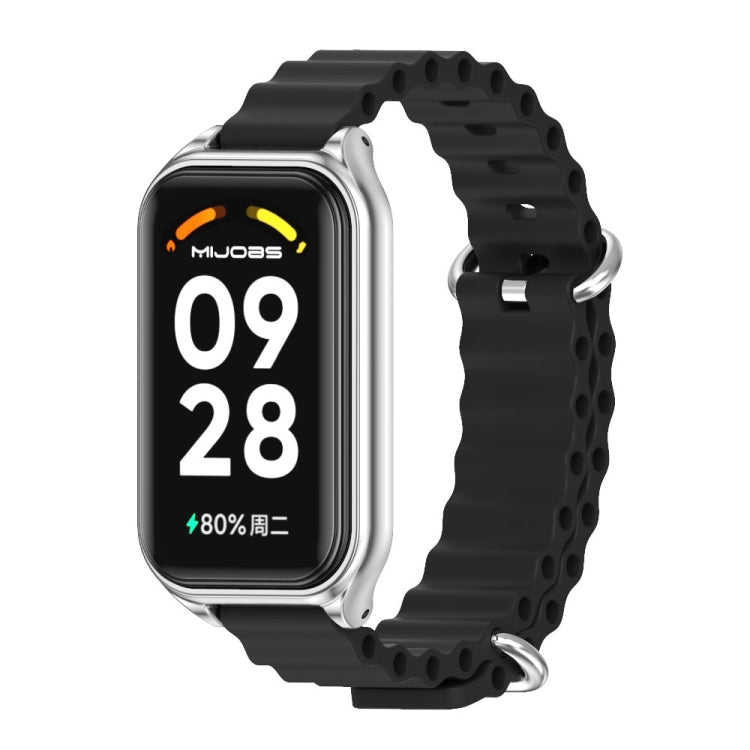 For Xiaomi Smart Band 8 Active / Redmi Band 2 Mijobs Metal Shell Ocean Silicone Watch Band(Black Silver) - Watch Bands by MIJOBS | Online Shopping South Africa | PMC TechLife | Buy Now Pay Later Mobicred