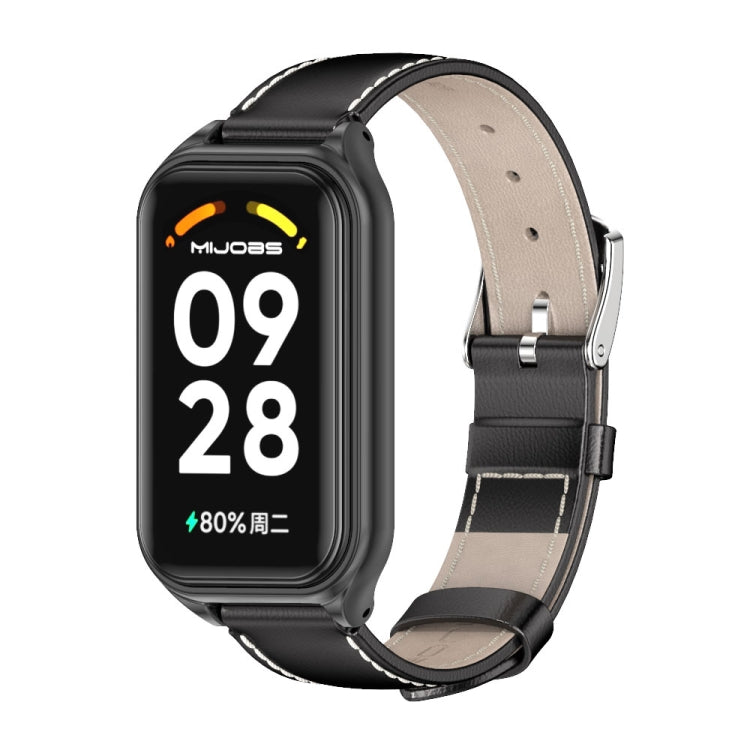 For Xiaomi Smart Band 8 Active / Redmi Band 2 Mijobs Metal Shell Genuine Leather Watch Band(Black) - Watch Bands by MIJOBS | Online Shopping South Africa | PMC TechLife | Buy Now Pay Later Mobicred