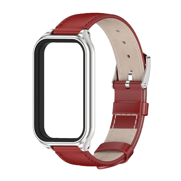 For Xiaomi Smart Band 8 Active / Redmi Band 2 Mijobs Metal Shell Genuine Leather Watch Band(Red Silver) - Watch Bands by MIJOBS | Online Shopping South Africa | PMC TechLife | Buy Now Pay Later Mobicred
