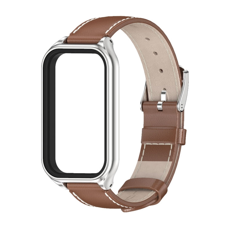 For Xiaomi Smart Band 8 Active / Redmi Band 2 Mijobs Metal Shell Genuine Leather Watch Band(Brown Silver) - Watch Bands by MIJOBS | Online Shopping South Africa | PMC TechLife | Buy Now Pay Later Mobicred