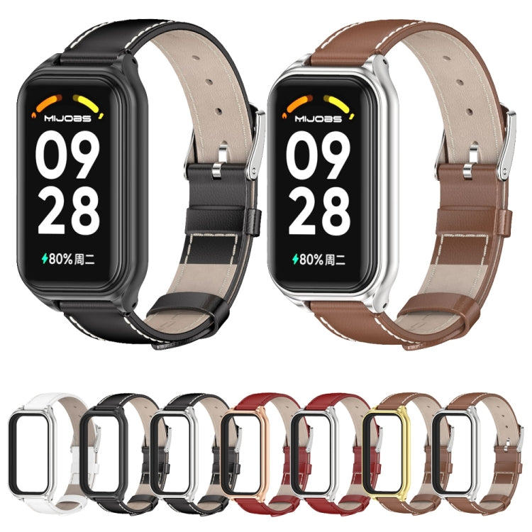 For Xiaomi Smart Band 8 Active / Redmi Band 2 Mijobs Metal Shell Genuine Leather Watch Band(Red Silver) - Watch Bands by MIJOBS | Online Shopping South Africa | PMC TechLife | Buy Now Pay Later Mobicred