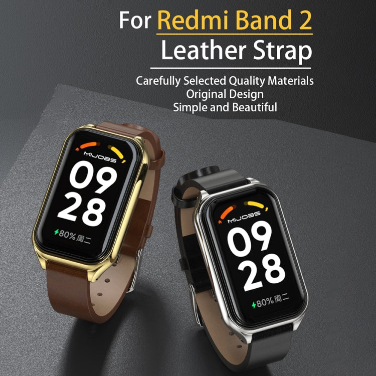 For Xiaomi Smart Band 8 Active / Redmi Band 2 Mijobs Metal Shell Genuine Leather Watch Band(Red Silver) - Watch Bands by MIJOBS | Online Shopping South Africa | PMC TechLife | Buy Now Pay Later Mobicred