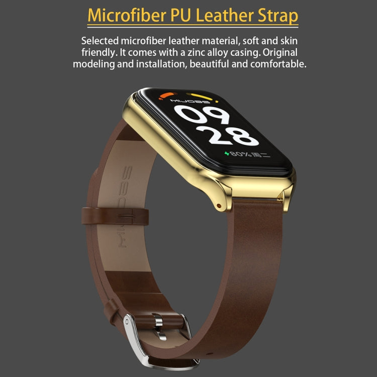 For Xiaomi Smart Band 8 Active / Redmi Band 2 Mijobs Metal Shell Genuine Leather Watch Band(Brown Silver) - Watch Bands by MIJOBS | Online Shopping South Africa | PMC TechLife | Buy Now Pay Later Mobicred