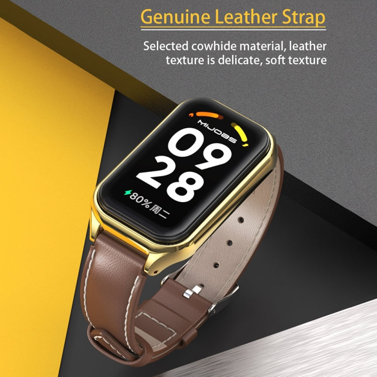 For Xiaomi Smart Band 8 Active / Redmi Band 2 Mijobs Metal Shell Genuine Leather Watch Band(Brown Silver) - Watch Bands by MIJOBS | Online Shopping South Africa | PMC TechLife | Buy Now Pay Later Mobicred
