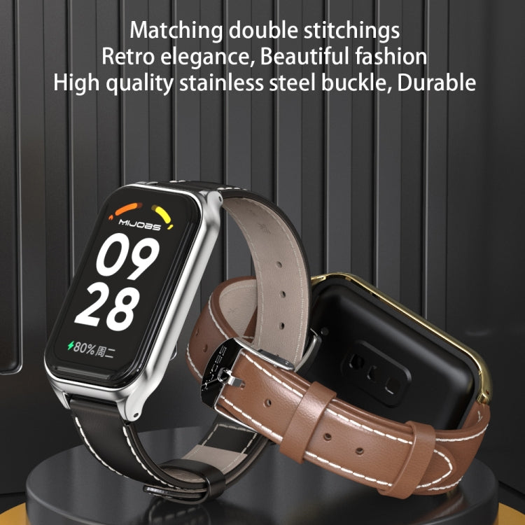 For Xiaomi Smart Band 8 Active / Redmi Band 2 Mijobs Metal Shell Genuine Leather Watch Band(Brown Silver) - Watch Bands by MIJOBS | Online Shopping South Africa | PMC TechLife | Buy Now Pay Later Mobicred