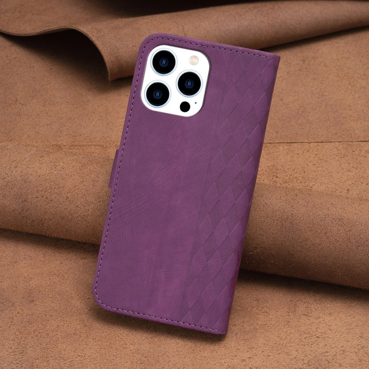 For iPhone 14 Pro Plaid Embossed Leather Phone Case(Purple) - free shipping - PMC TechLife - Order now!