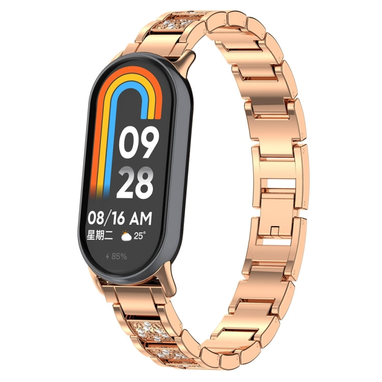 For Xiaomi Mi Band 8 Three-beads Full Diamond Metal Watch Band(Rose Gold) - Watch Bands by PMC TechLife | Online Shopping South Africa | PMC TechLife