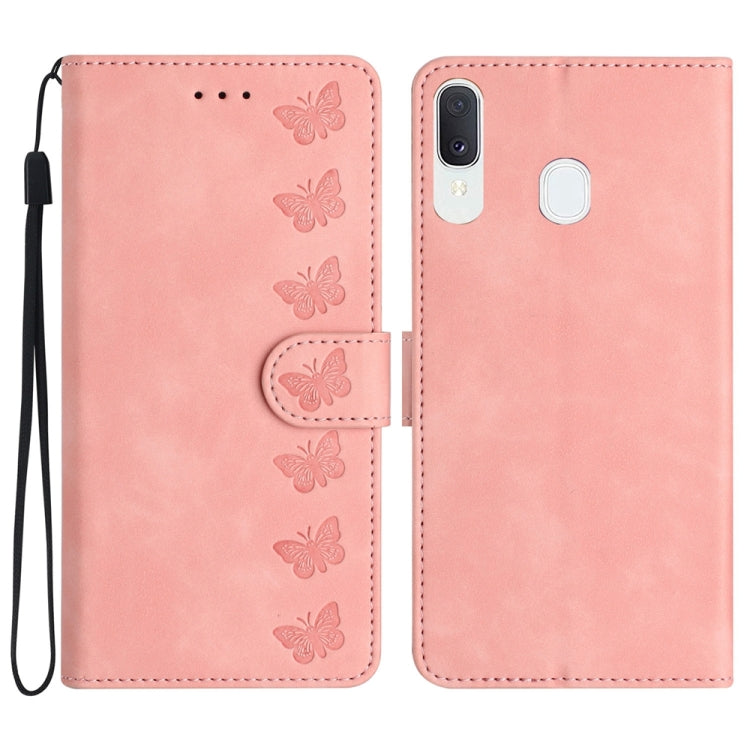 For Samsung Galaxy A20 / A30 Seven Butterflies Embossed Leather Phone Case(Pink) - Galaxy Phone Cases by PMC TechLife | Online Shopping South Africa | PMC TechLife | Buy Now Pay Later Mobicred