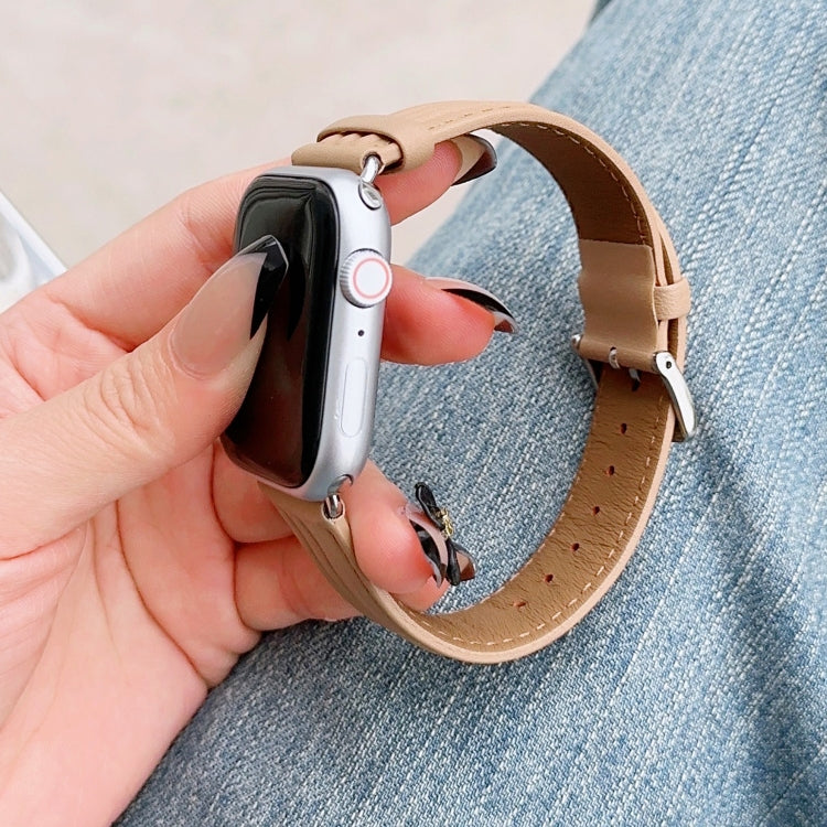 Embossed Line Genuine Leather Watch Band For Apple Watch Ultra 49mm(Khaki) - Watch Bands by PMC TechLife | Online Shopping South Africa | PMC TechLife