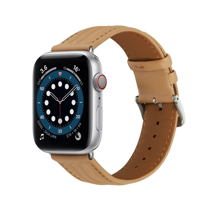 Embossed Line Genuine Leather Watch Band For Apple Watch 8 41mm(Khaki) - Watch Bands by PMC TechLife | Online Shopping South Africa | PMC TechLife