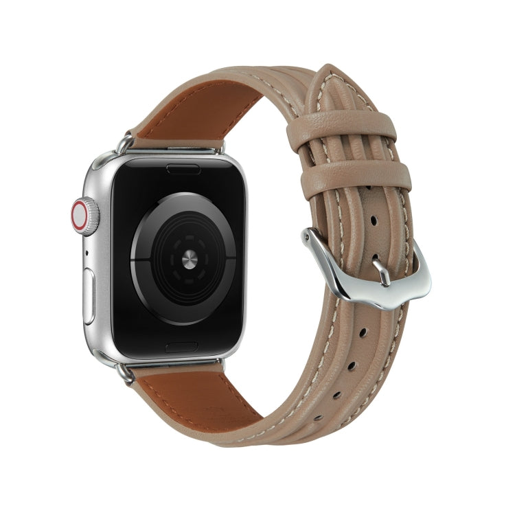 Embossed Line Genuine Leather Watch Band For Apple Watch 8 41mm(Milky Brown) - Watch Bands by PMC TechLife | Online Shopping South Africa | PMC TechLife