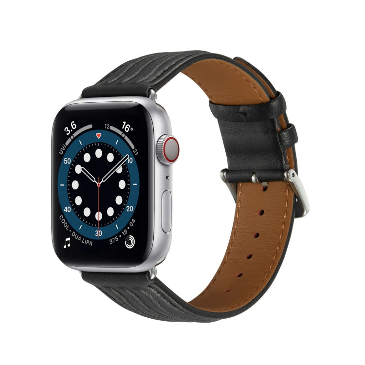 Embossed Line Genuine Leather Watch Band For Apple Watch 8 45mm(Black) - Watch Bands by PMC TechLife | Online Shopping South Africa | PMC TechLife