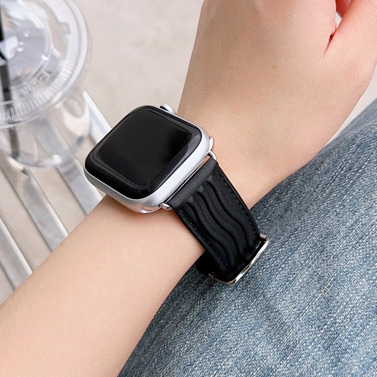 Embossed Line Genuine Leather Watch Band For Apple Watch 8 45mm(Black) - Watch Bands by PMC TechLife | Online Shopping South Africa | PMC TechLife