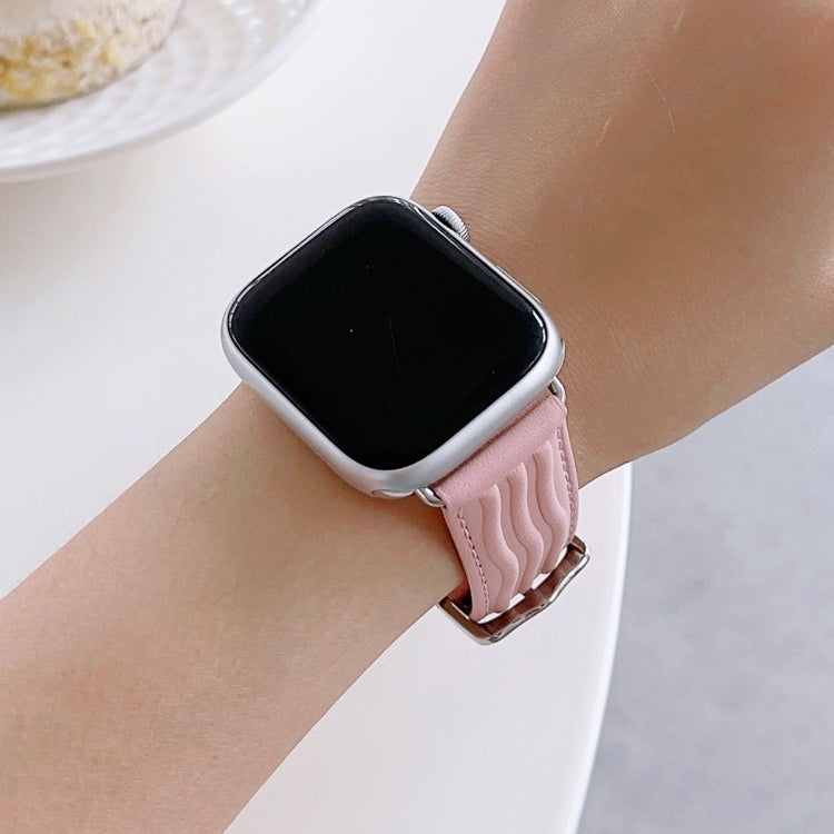 Embossed Line Genuine Leather Watch Band For Apple Watch SE 2022 44mm(Pink) - Watch Bands by PMC TechLife | Online Shopping South Africa | PMC TechLife