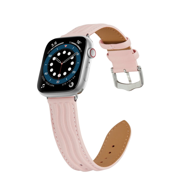 Embossed Line Genuine Leather Watch Band For Apple Watch 7 45mm(Pink) - Watch Bands by PMC TechLife | Online Shopping South Africa | PMC TechLife
