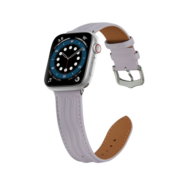 Embossed Line Genuine Leather Watch Band For Apple Watch SE 44mm(Lavender Purple) - Watch Bands by PMC TechLife | Online Shopping South Africa | PMC TechLife