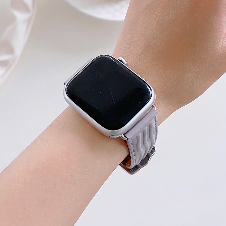 Embossed Line Genuine Leather Watch Band For Apple Watch SE 44mm(Lavender Purple) - Watch Bands by PMC TechLife | Online Shopping South Africa | PMC TechLife