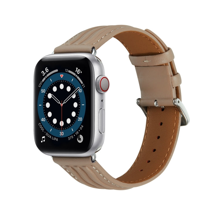 Embossed Line Genuine Leather Watch Band For Apple Watch SE 44mm(Milky Brown) - Watch Bands by PMC TechLife | Online Shopping South Africa | PMC TechLife