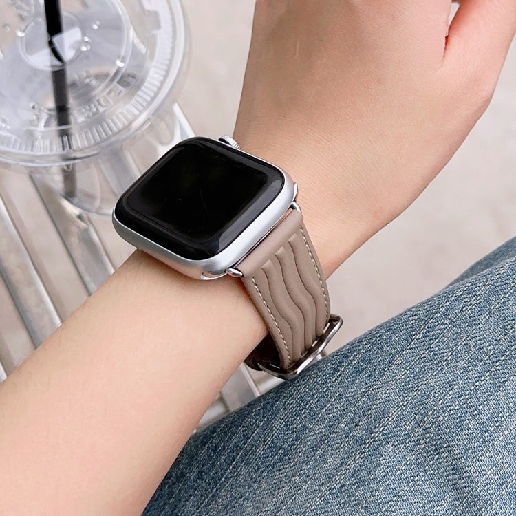 Embossed Line Genuine Leather Watch Band For Apple Watch SE 44mm(Milky Brown) - Watch Bands by PMC TechLife | Online Shopping South Africa | PMC TechLife