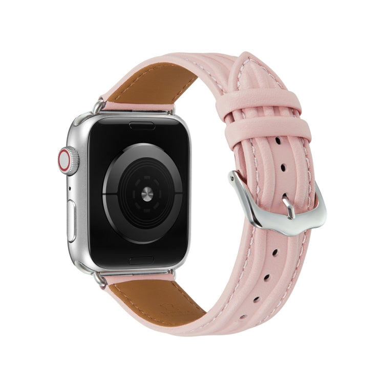 Embossed Line Genuine Leather Watch Band For Apple Watch 5 44mm(Pink) - Watch Bands by PMC TechLife | Online Shopping South Africa | PMC TechLife