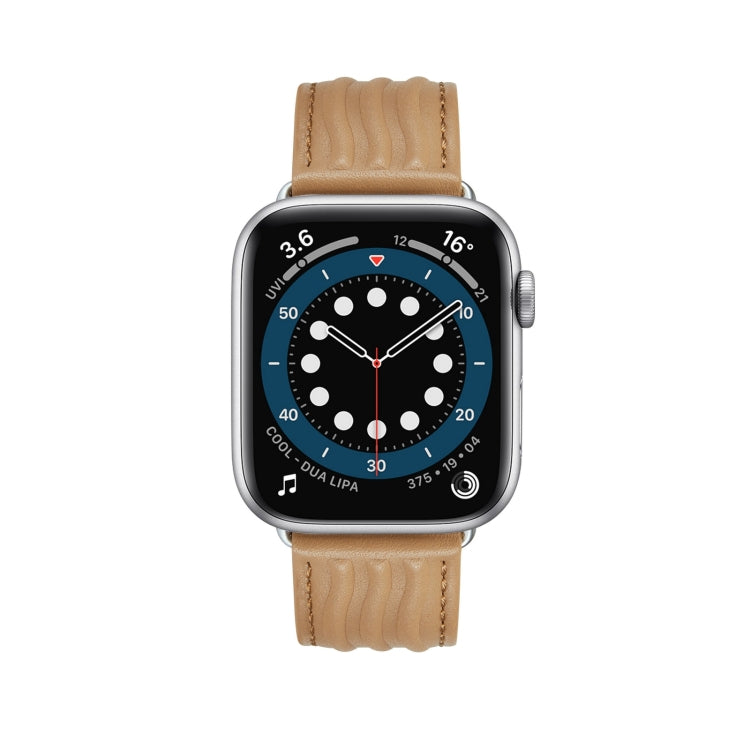 Embossed Line Genuine Leather Watch Band For Apple Watch 5 44mm(Khaki) - Watch Bands by PMC TechLife | Online Shopping South Africa | PMC TechLife