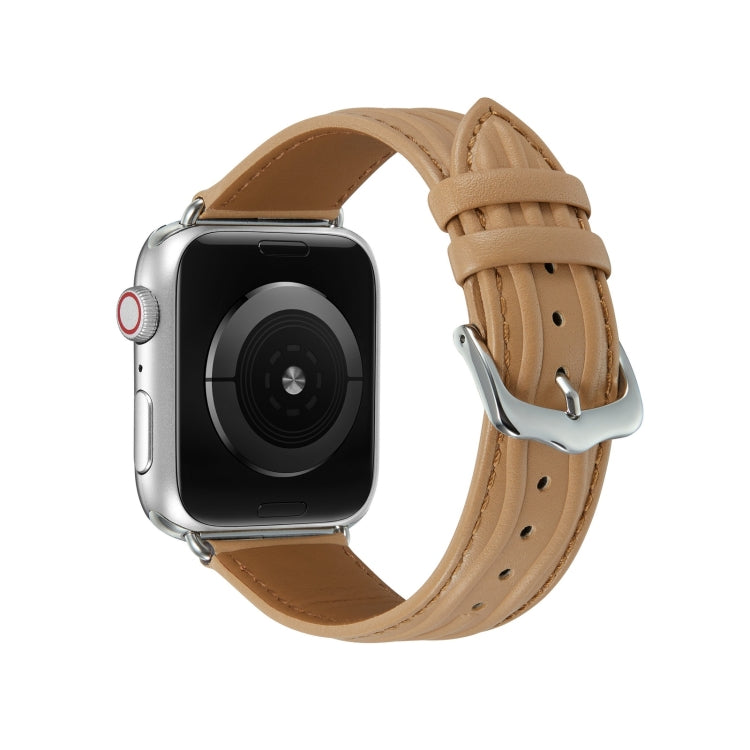 Embossed Line Genuine Leather Watch Band For Apple Watch 5 44mm(Khaki) - Watch Bands by PMC TechLife | Online Shopping South Africa | PMC TechLife