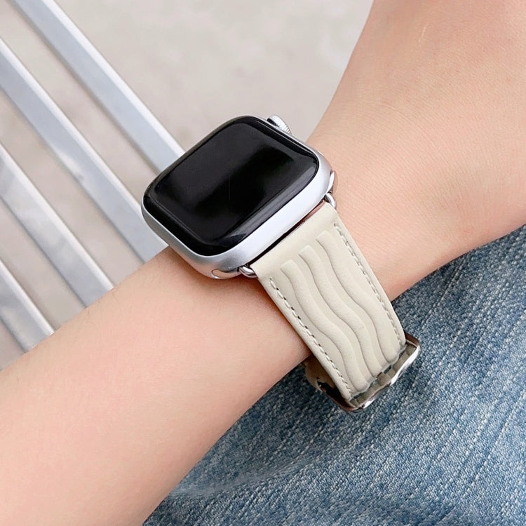 Embossed Line Genuine Leather Watch Band For Apple Watch 4 44mm(Milky White) - Watch Bands by PMC TechLife | Online Shopping South Africa | PMC TechLife