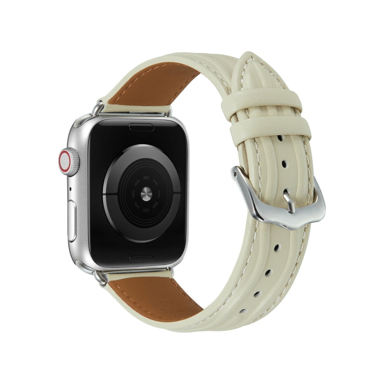 Embossed Line Genuine Leather Watch Band For Apple Watch 3 38mm(Milky White) - Watch Bands by PMC TechLife | Online Shopping South Africa | PMC TechLife