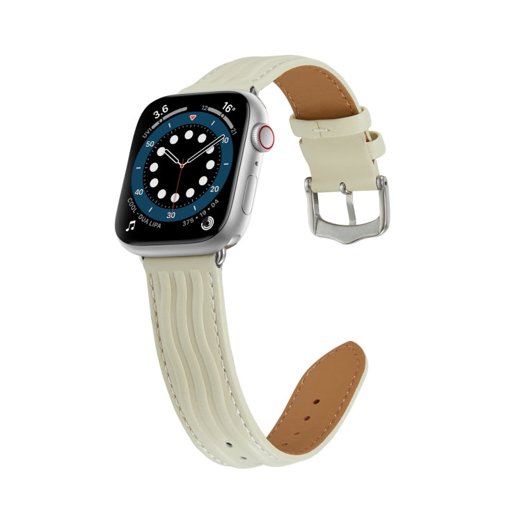 Embossed Line Genuine Leather Watch Band For Apple Watch 3 38mm(Milky White) - Watch Bands by PMC TechLife | Online Shopping South Africa | PMC TechLife