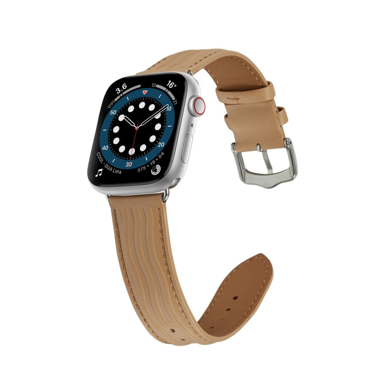 Embossed Line Genuine Leather Watch Band For Apple Watch 38mm(Khaki) - Watch Bands by PMC TechLife | Online Shopping South Africa | PMC TechLife
