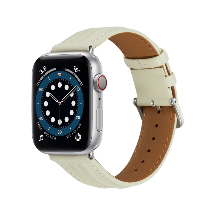 Embossed Line Genuine Leather Watch Band For Apple Watch 38mm(Milky White) - Watch Bands by PMC TechLife | Online Shopping South Africa | PMC TechLife