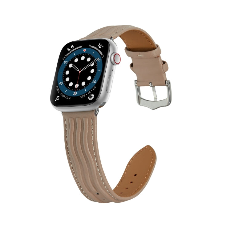 Embossed Line Genuine Leather Watch Band For Apple Watch 9 45mm(Milky Brown) - Watch Bands by PMC TechLife | Online Shopping South Africa | PMC TechLife