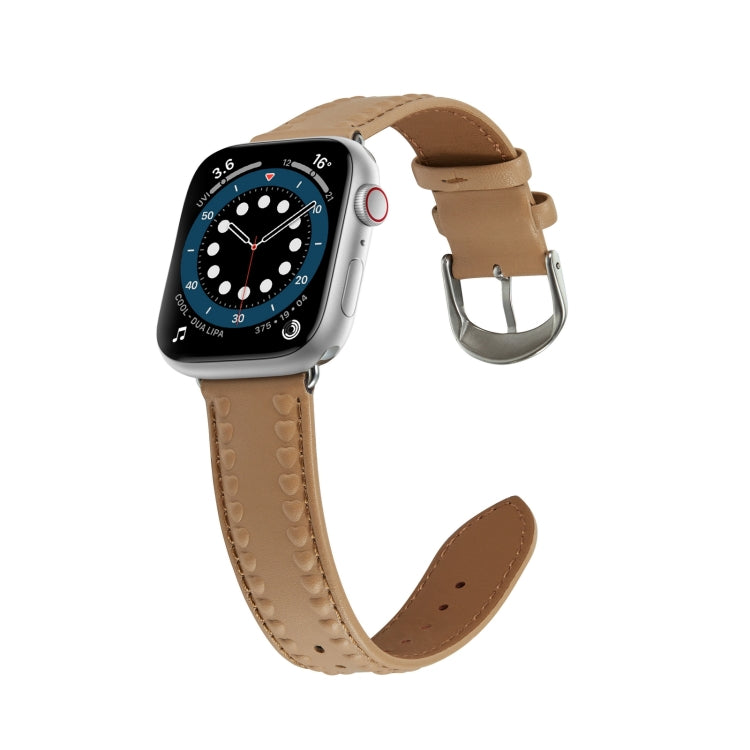 Embossed Love Genuine Leather Watch Band For Apple Watch SE 44mm(Khaki) - Watch Bands by PMC TechLife | Online Shopping South Africa | PMC TechLife