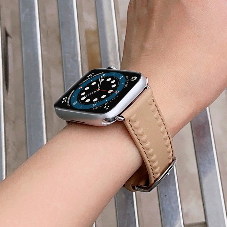 Embossed Love Genuine Leather Watch Band For Apple Watch SE 44mm(Khaki) - Watch Bands by PMC TechLife | Online Shopping South Africa | PMC TechLife