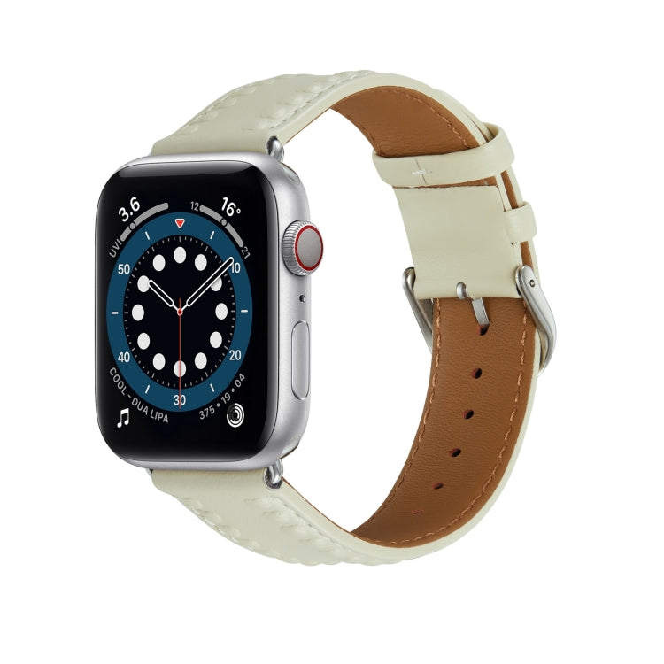 Embossed Love Genuine Leather Watch Band For Apple Watch 6 44mm(Milky White) - Watch Bands by PMC TechLife | Online Shopping South Africa | PMC TechLife