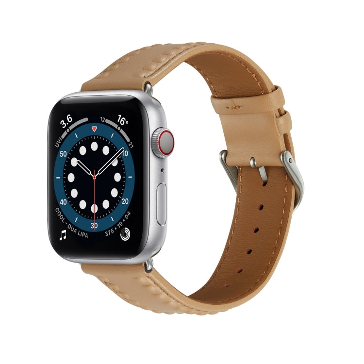 Embossed Love Genuine Leather Watch Band For Apple Watch 5 44mm(Khaki) - Watch Bands by PMC TechLife | Online Shopping South Africa | PMC TechLife