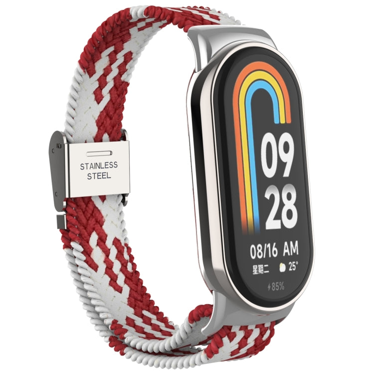 For Xiaomi Mi Band 8 Metal Head + Adjustable Nylon Braided Steel Buckle Watch Band(Red White) - Watch Bands by PMC TechLife | Online Shopping South Africa | PMC TechLife
