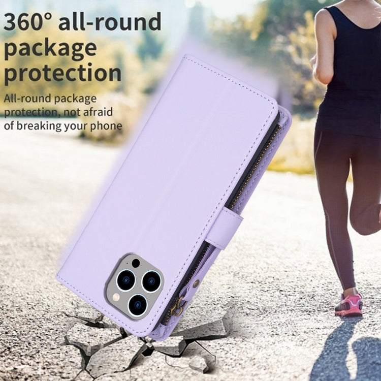 For iPhone 13 Pro Max 9 Card Slots Zipper Wallet Leather Flip Phone Case(Light Purple) - free shipping - PMC TechLife - Order now!