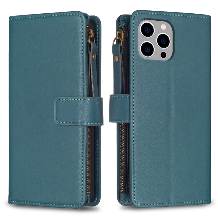 For iPhone 15 Pro Max 9 Card Slots Zipper Wallet Leather Flip Phone Case(Green) - free shipping - PMC TechLife - Order now!