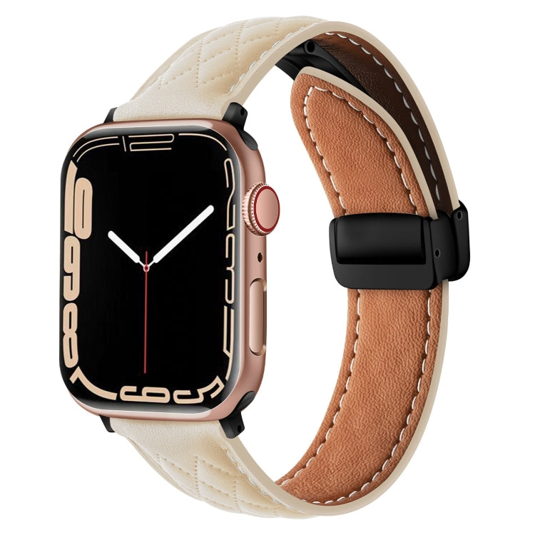For Apple Watch 8 45mm  Folding Buckle Rhombus Leather Watch Band(Starlight) - Watch Bands by PMC TechLife | Online Shopping South Africa | PMC TechLife