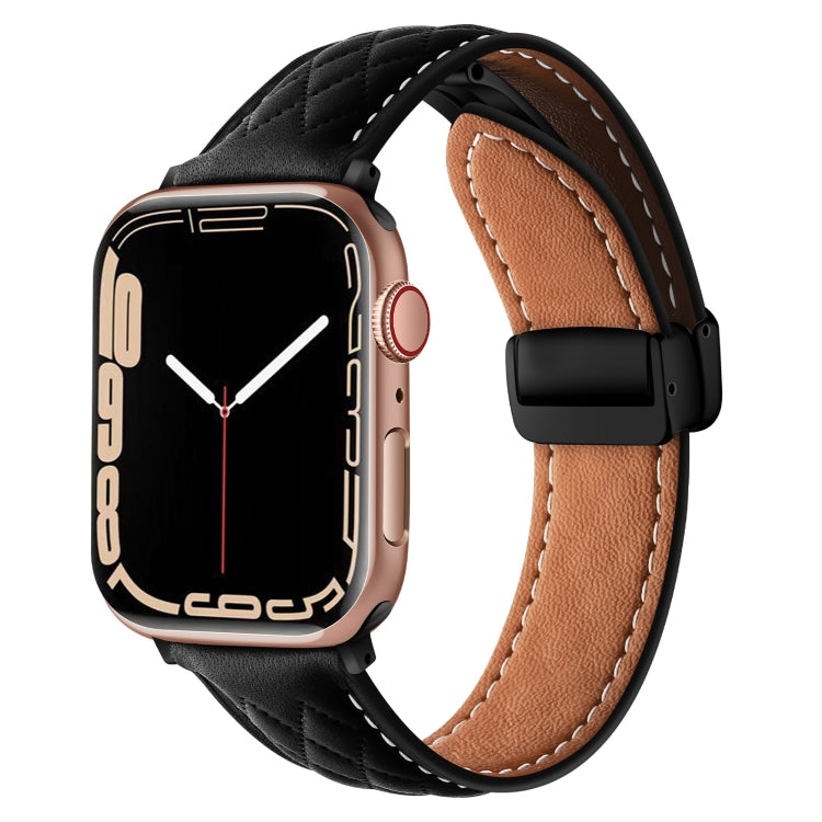 For Apple Watch SE 2022 40mm Folding Buckle Rhombus Leather Watch Band(Black) - Watch Bands by PMC TechLife | Online Shopping South Africa | PMC TechLife