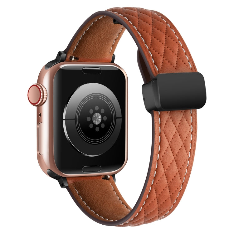 For Apple Watch SE 2022 44mm Folding Buckle Rhombus Leather Watch Band(Brown) - Watch Bands by PMC TechLife | Online Shopping South Africa | PMC TechLife