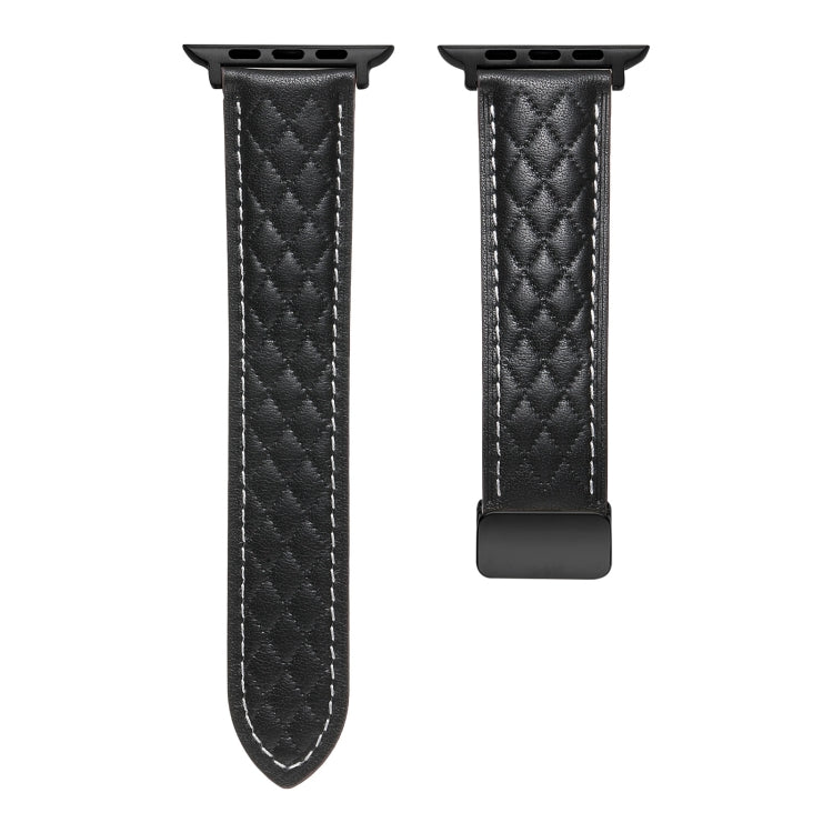 For Apple Watch SE 44mm Folding Buckle Rhombus Leather Watch Band(Black) - Watch Bands by PMC TechLife | Online Shopping South Africa | PMC TechLife